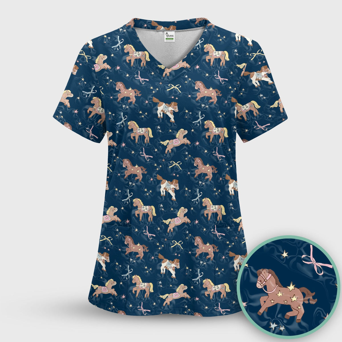 Cute Pony Star Pattern Scrub Set, Breathable Med Uniform