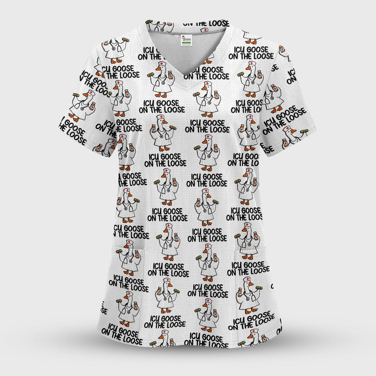 Funny ICU Goose On The Loose Nurse Pattern Scrub Top, Comfortable Scrubs For Nurses