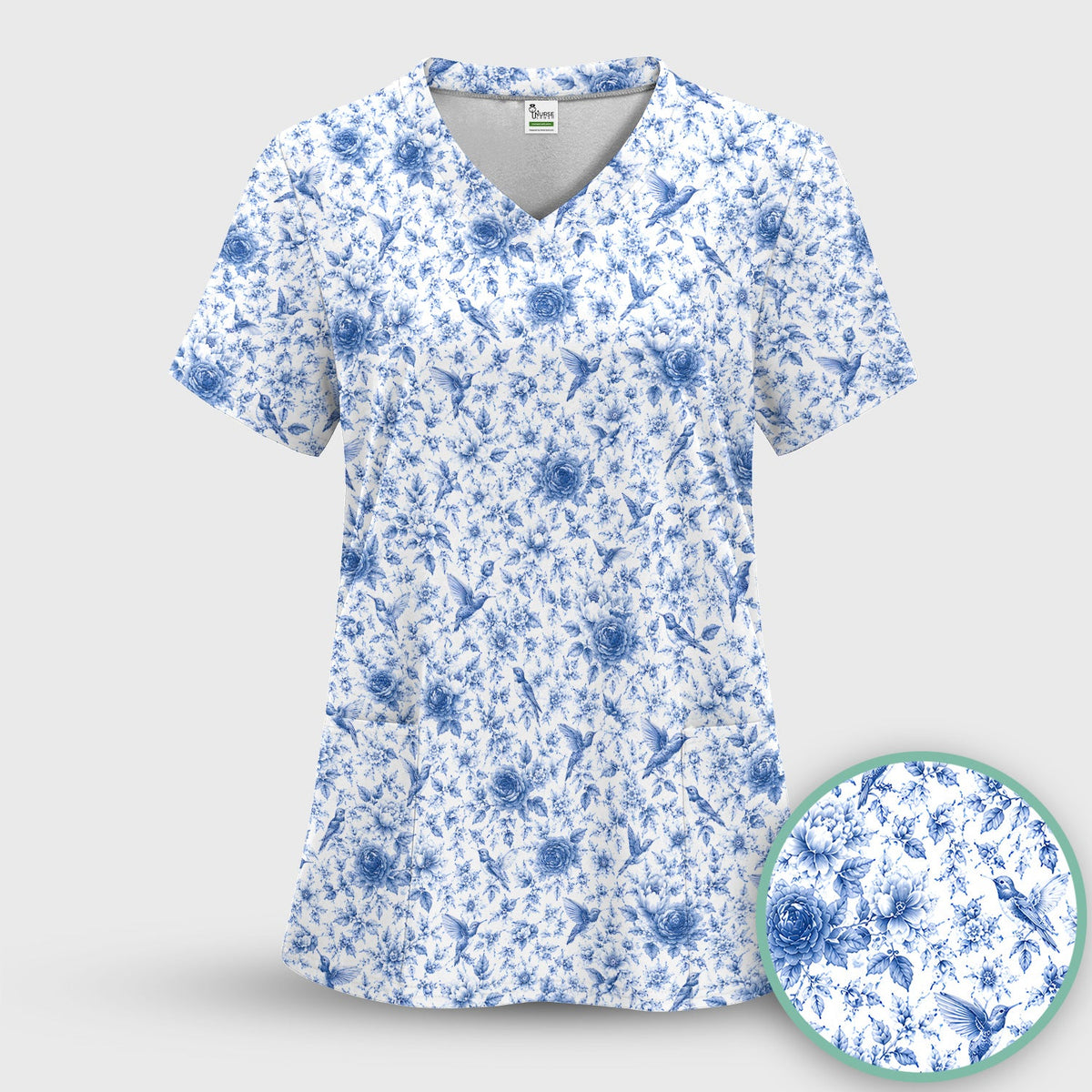Blue Floral Hummingbird Toile Nurse Scrub Top