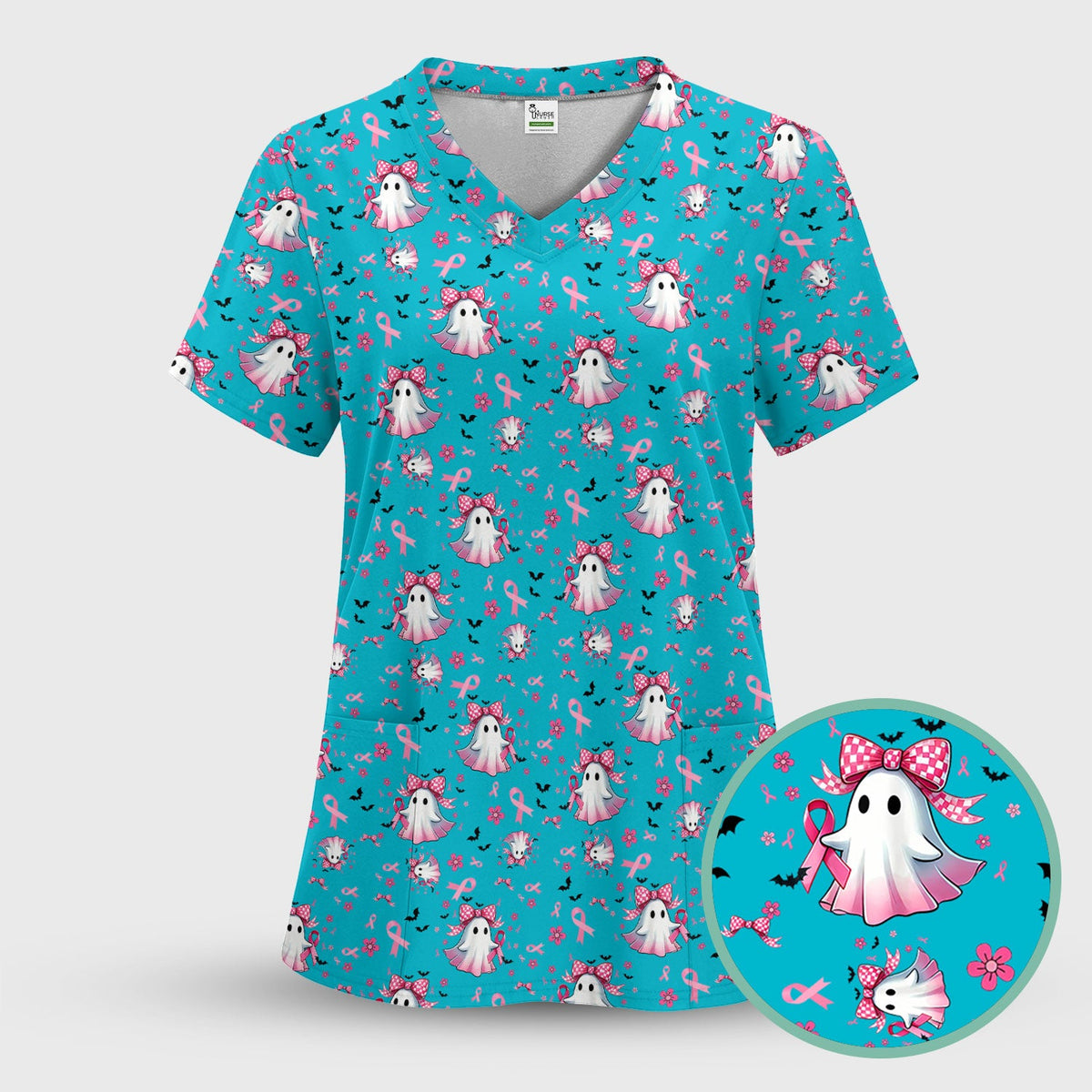 Spooky Ghost Pink Ribbon Nurse Scrub Top - Breast Cancer Gift