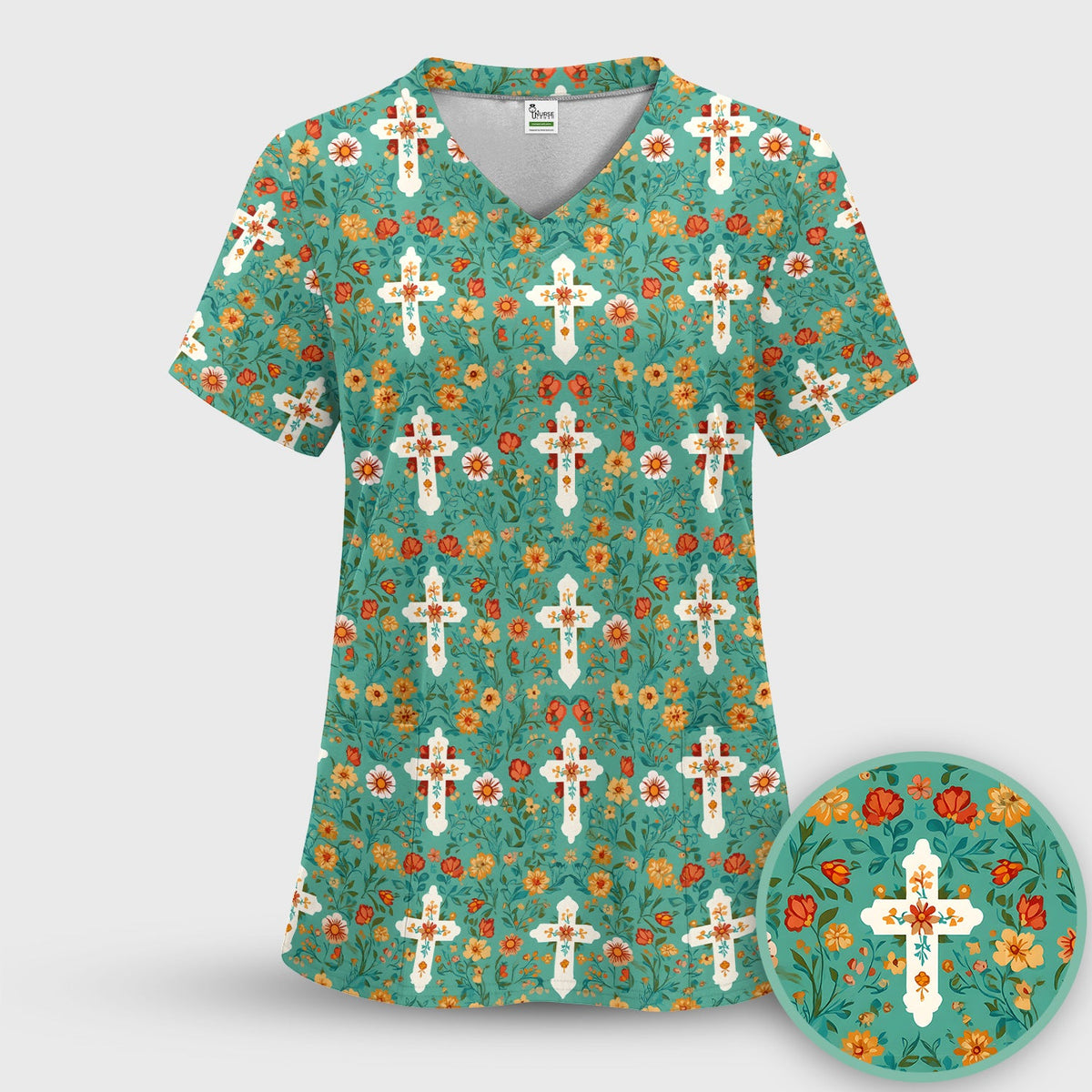 Christian Faith Floral Cross Nurse Scrub Top