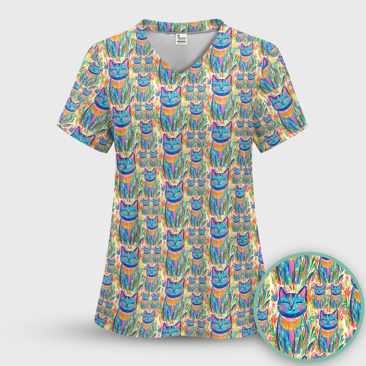 Colorful Rainbow Cat Floral Brushstroke Nurse Scrub Top
