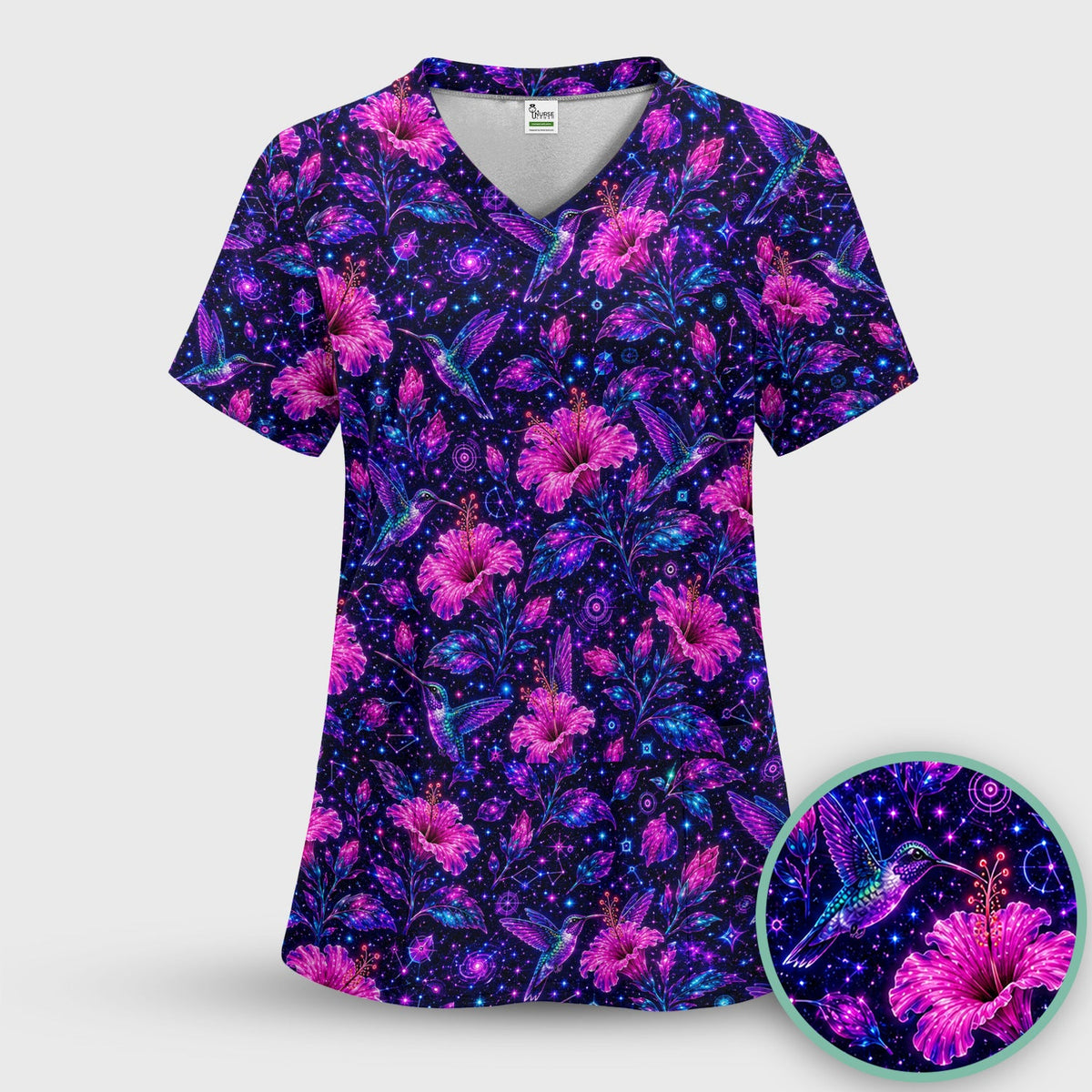 Galaxy Floral Hummingbird Nurse Scrub Top