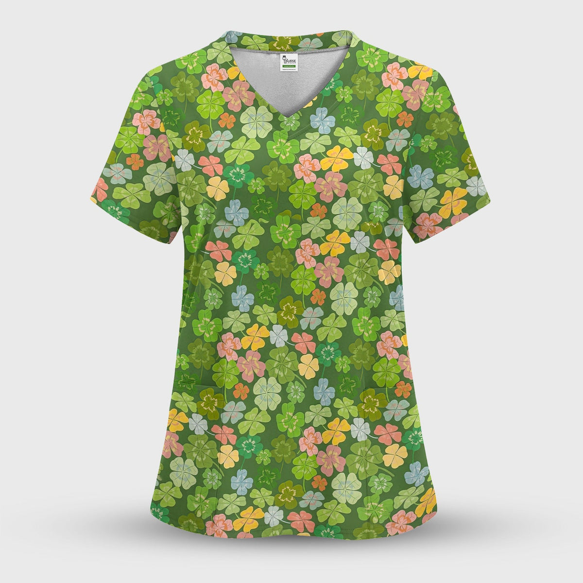 Colorful Shamrock Clover Nurse Scrub Top