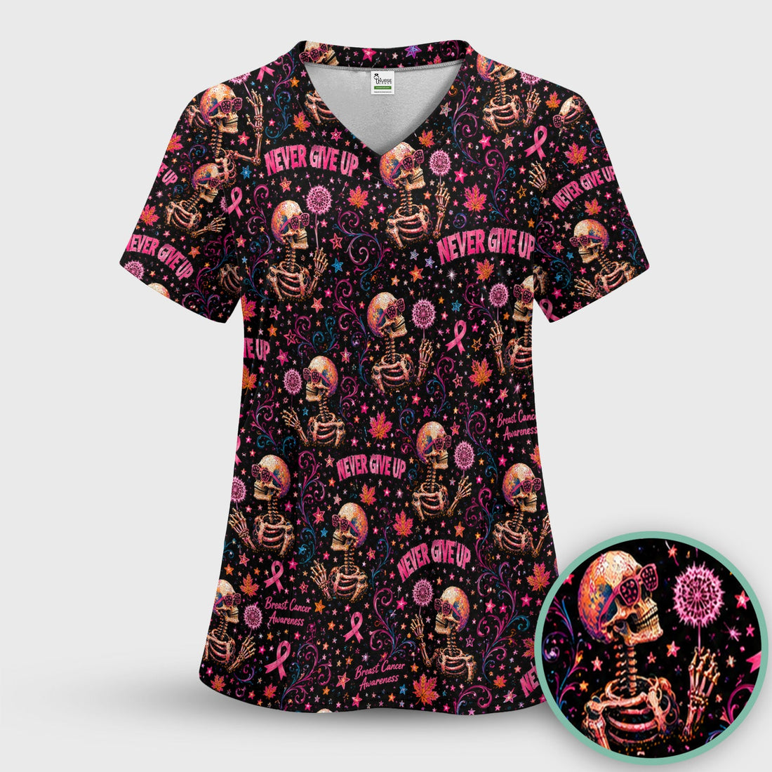 Breast Cancer Awareness Skeletons Nurse Scrub Top