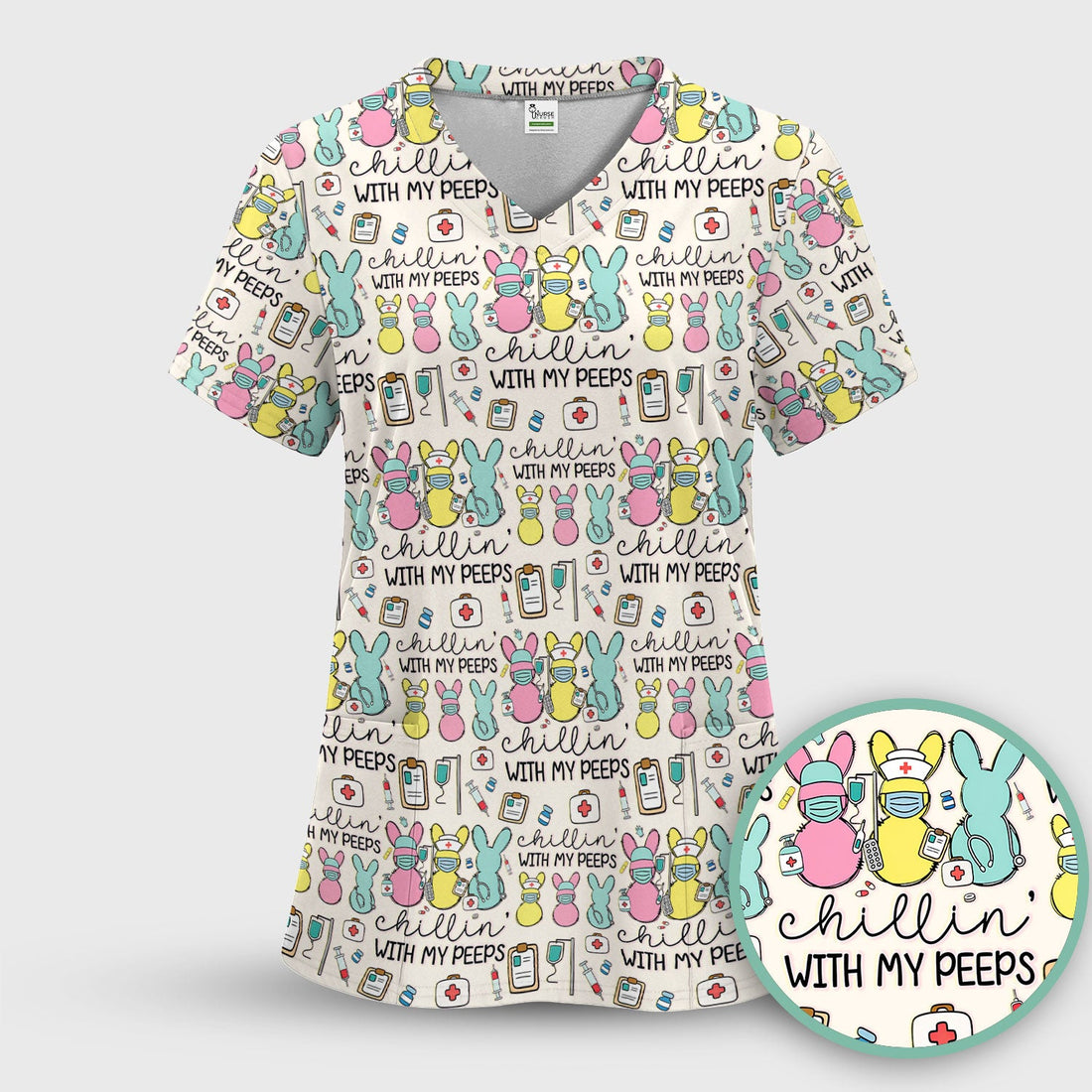 Bunny Nurse Chillin With My Peeps Scrub Top - Easter Gift