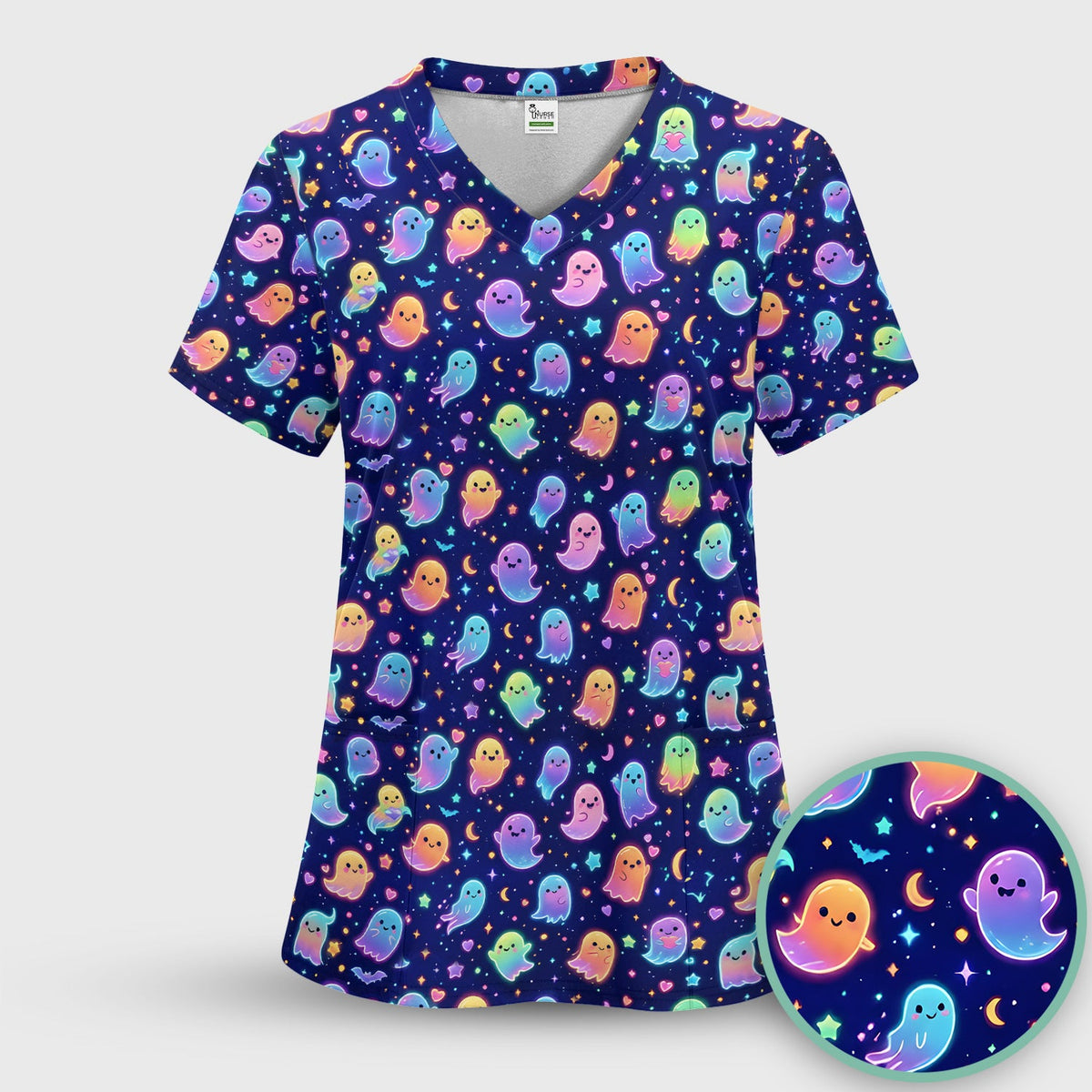 Neon Halloween Ghosts Nurse Scrub Top