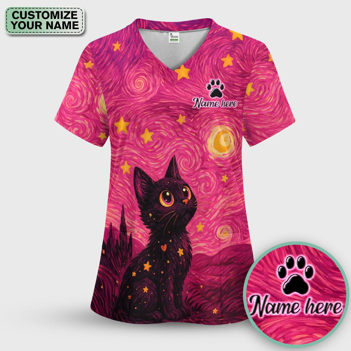 Personalized Black Cat Galaxy Star Swirl Nurse Scrub Set