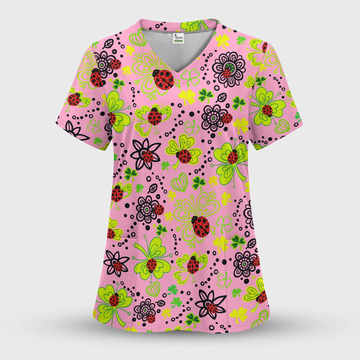 Ladybug Clover Floral Pattern Print Scrub Sets, Scrub Pants and V Neck Top