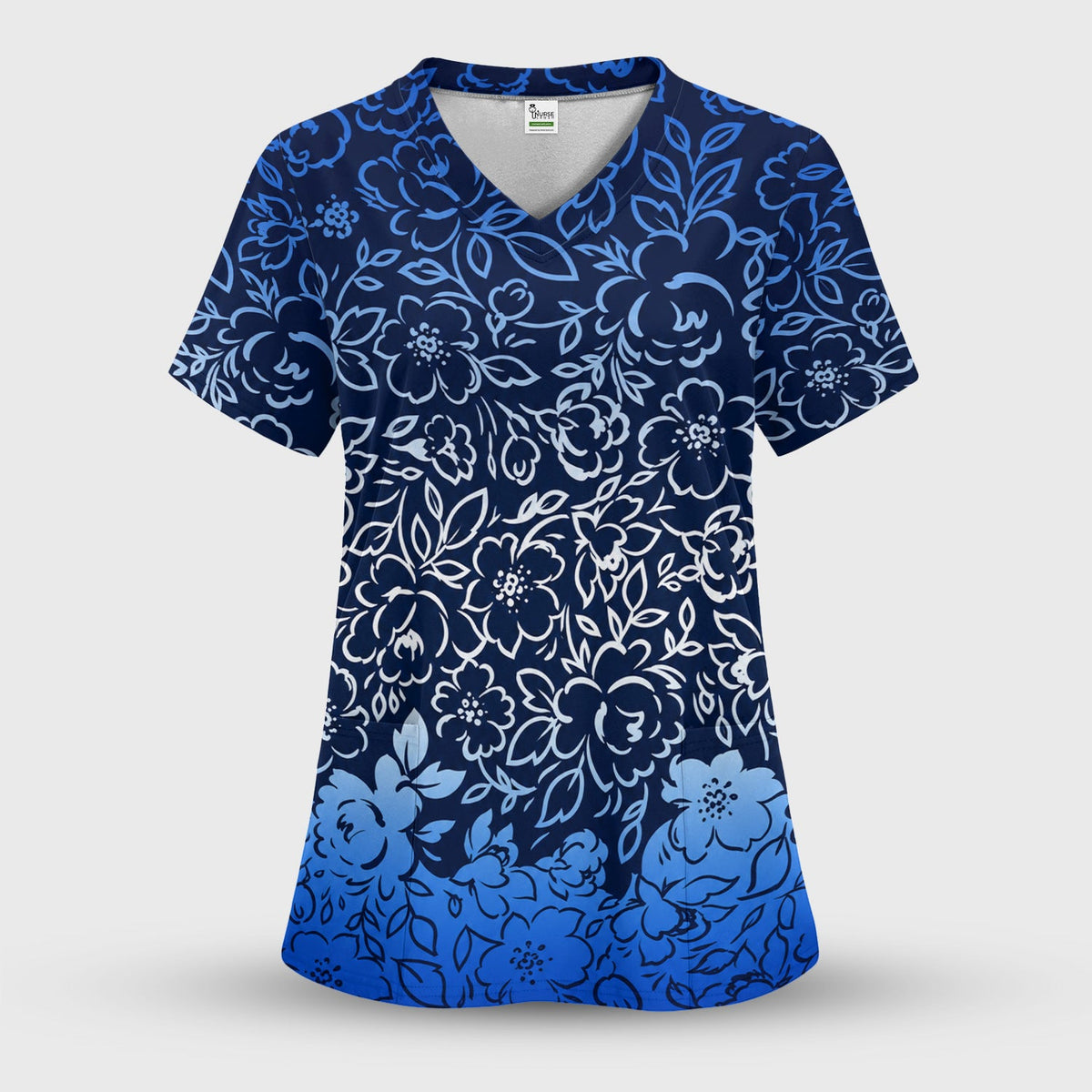 Navy Botanical Flower Nurse Scrub Top