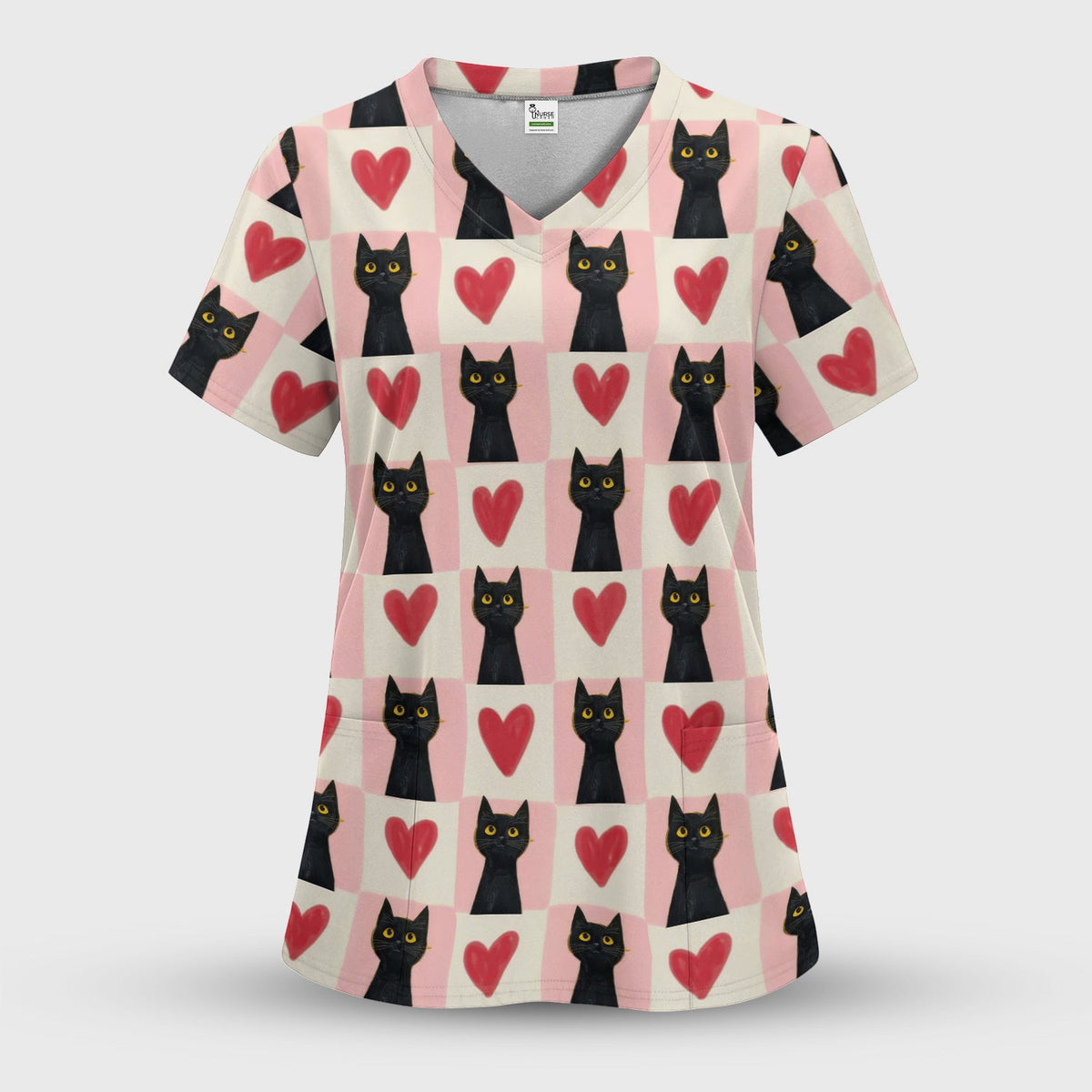 Cute Black Cat Heart Nurse Scrub Top