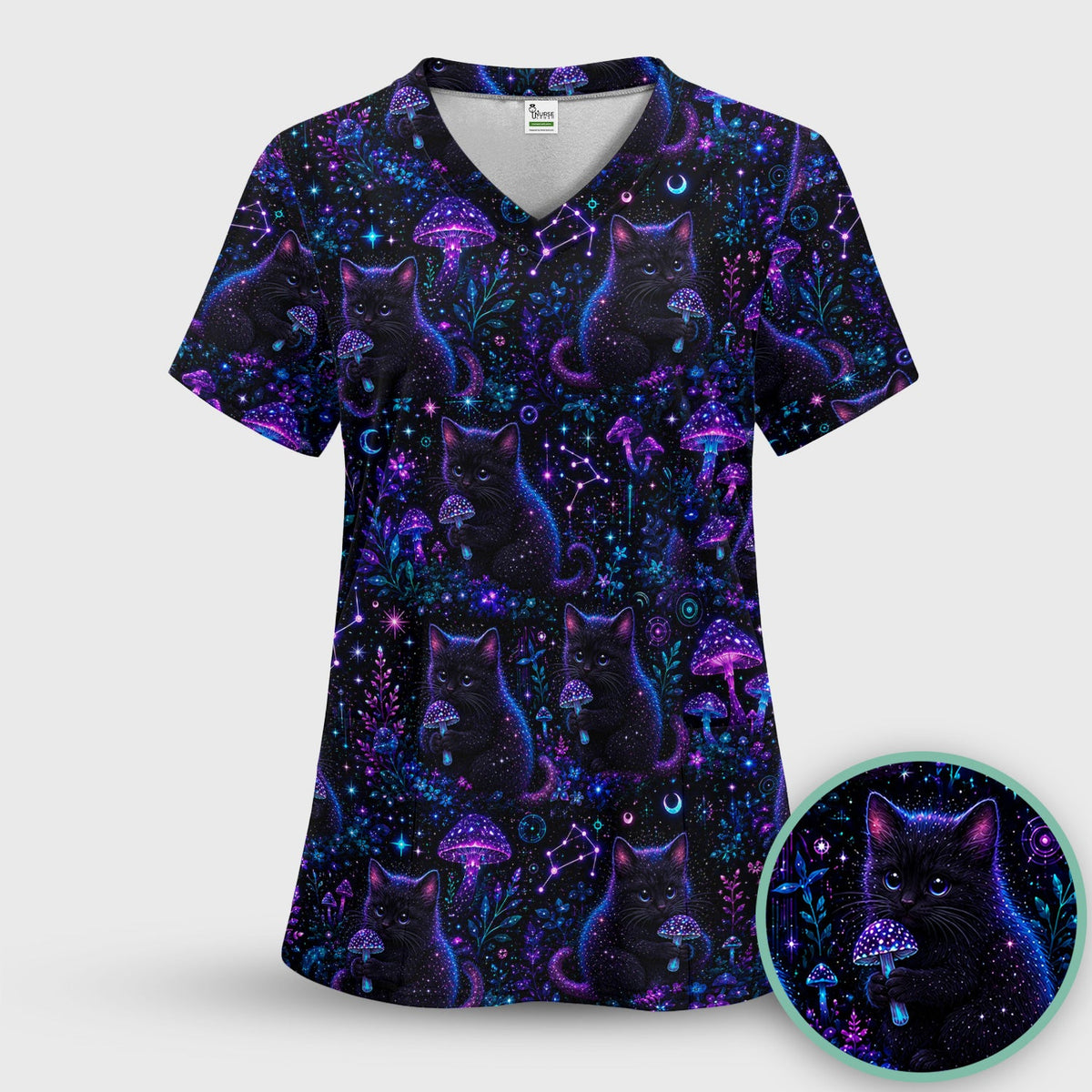 Neon Black Cat Mushroom Galaxy Nurse Scrub Top