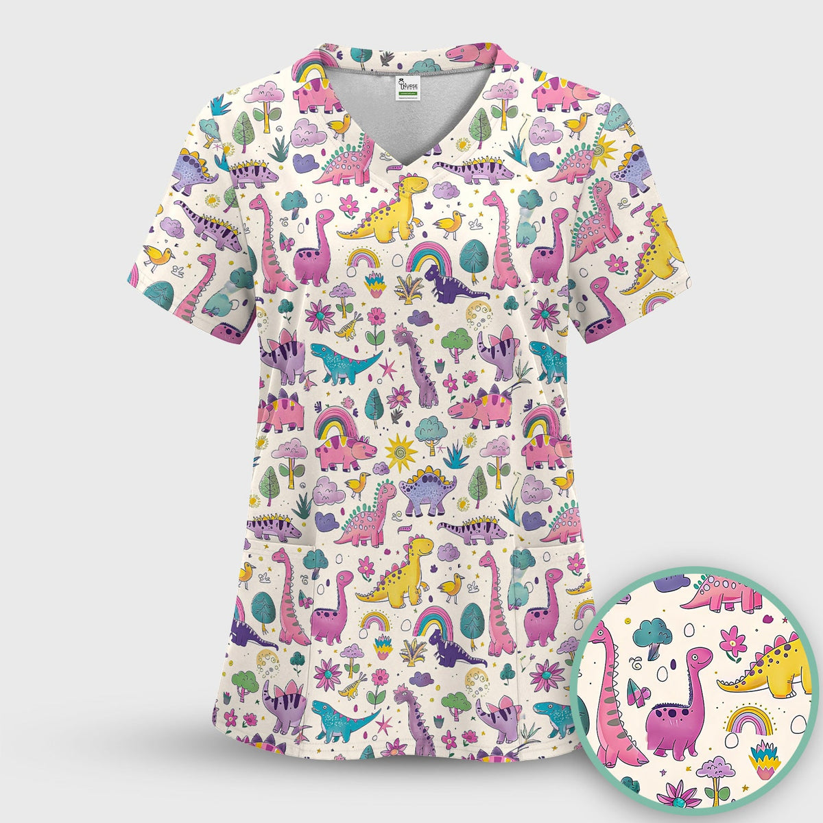 Dinosaur Rainbow Nurse Scrub Top