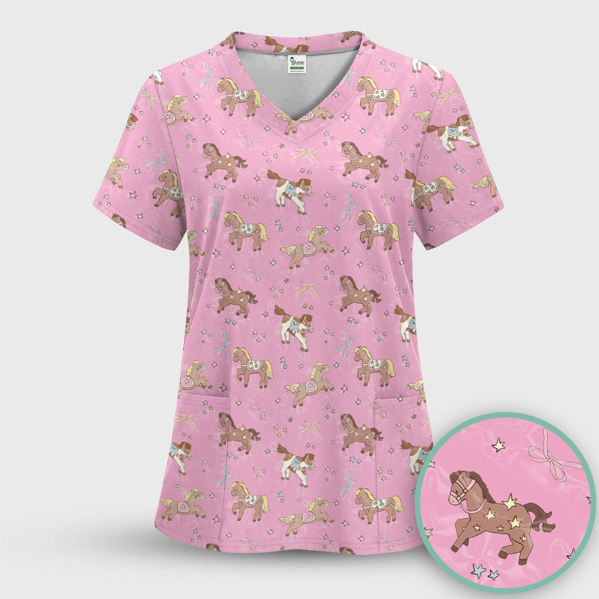 Cute Pony Star Pattern Scrub Top, Comfortable Scrubs for Nurses