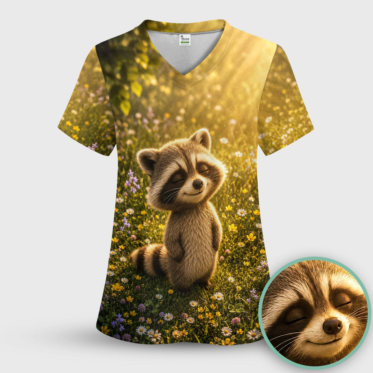 Smiling Raccoon Meadow Flower Nurse Scrub Top