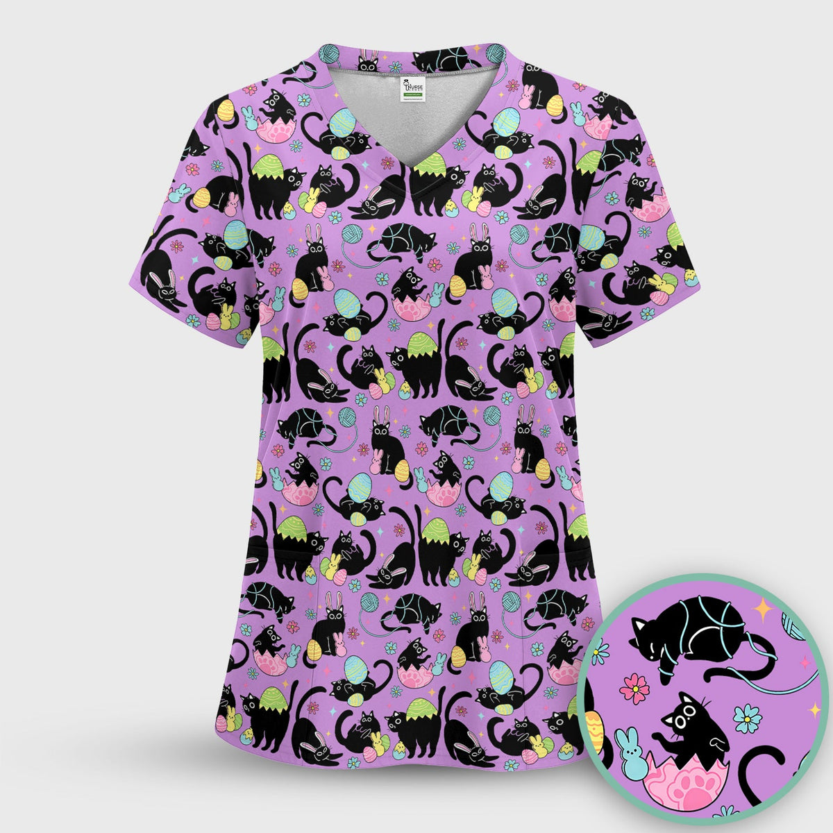 Black Cat Egg Nurse Scrub Top - Easter Gift