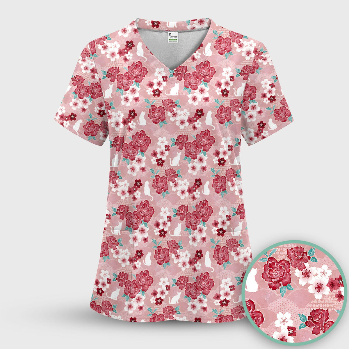 Floral White Cat Nurse Scrub Top