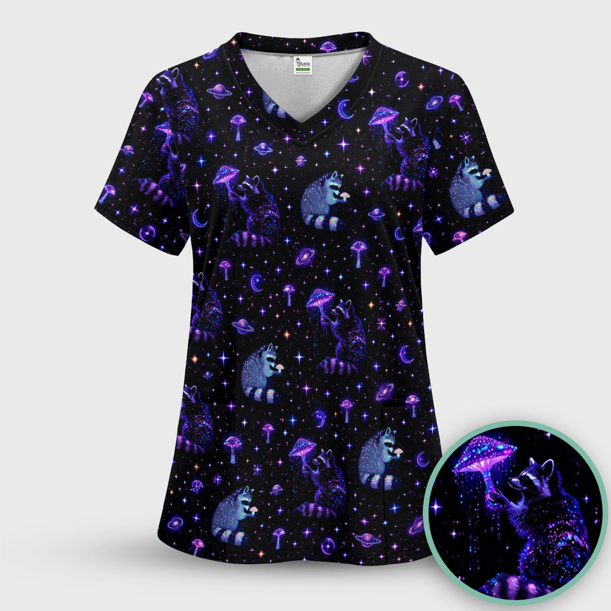 Cute Raccoon Mushroom Galaxy Pattern Scrub Set, Scrub Pants and V Neck Top