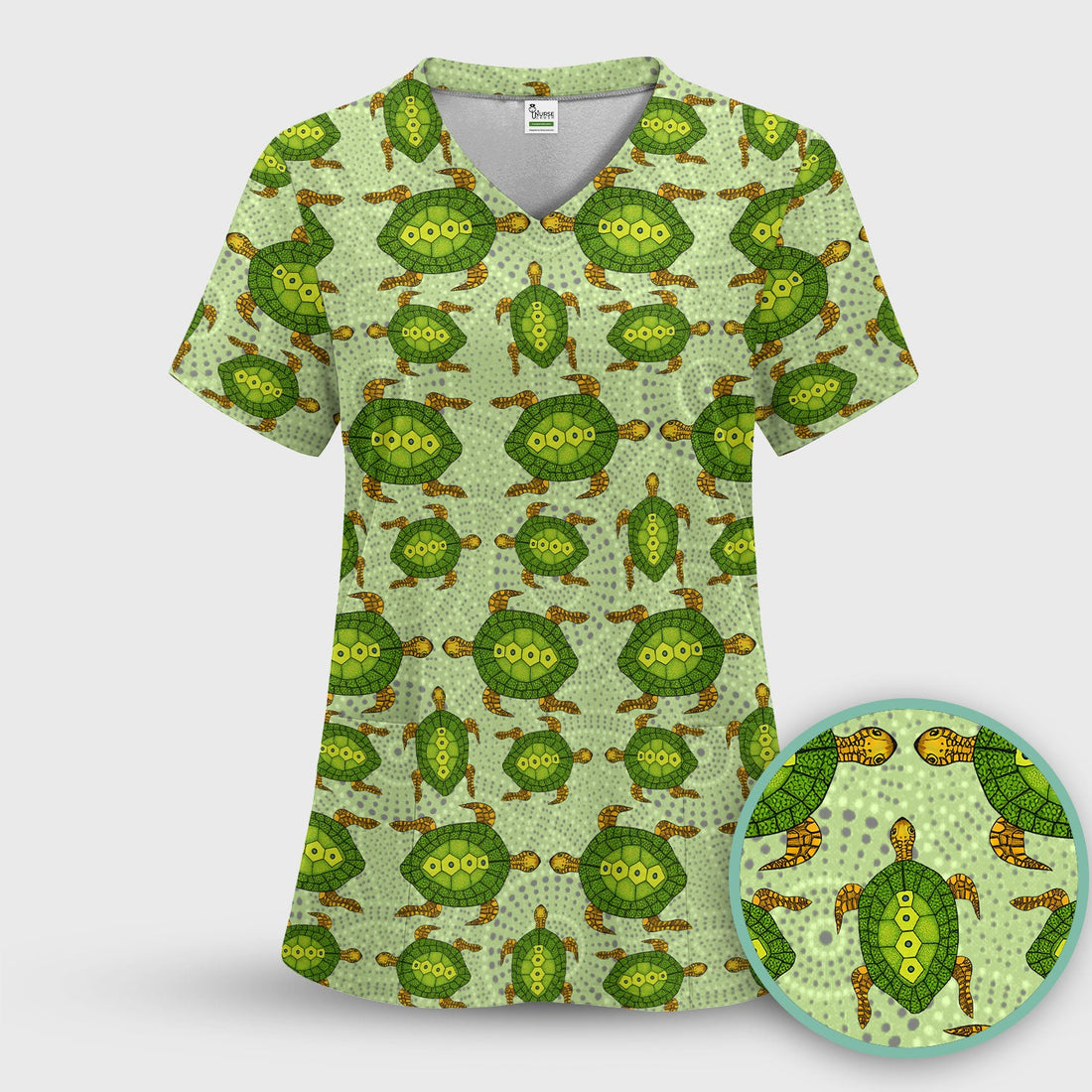 Australian Turtle Dot Art Inspired Nursing Scrub Top - Women V-Neck Shirt