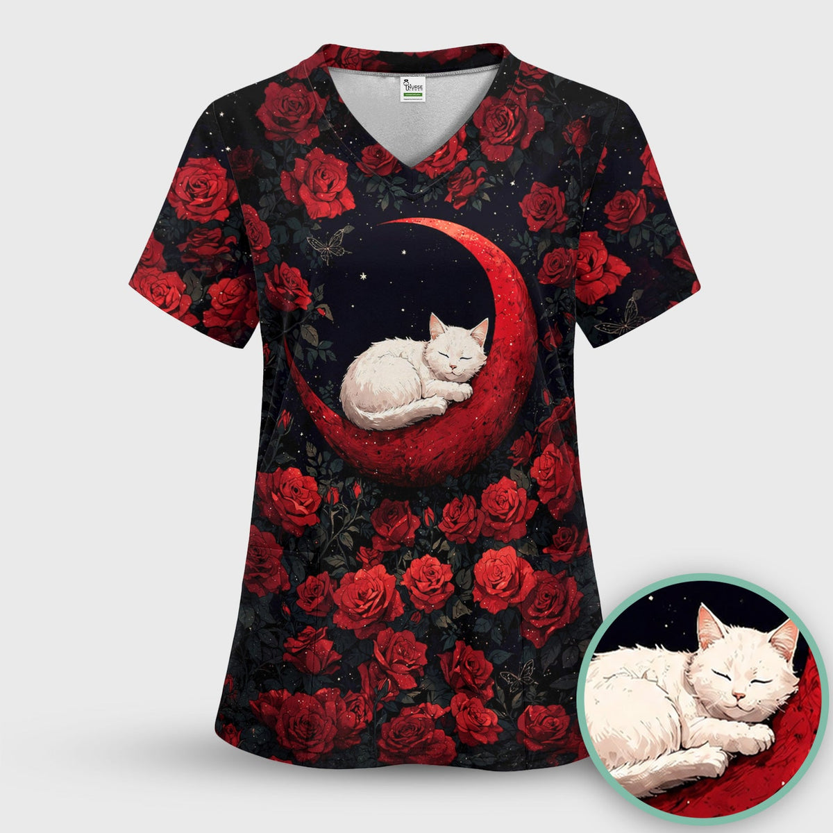 Gothic Red Moon Cat Nurse Scrub Top