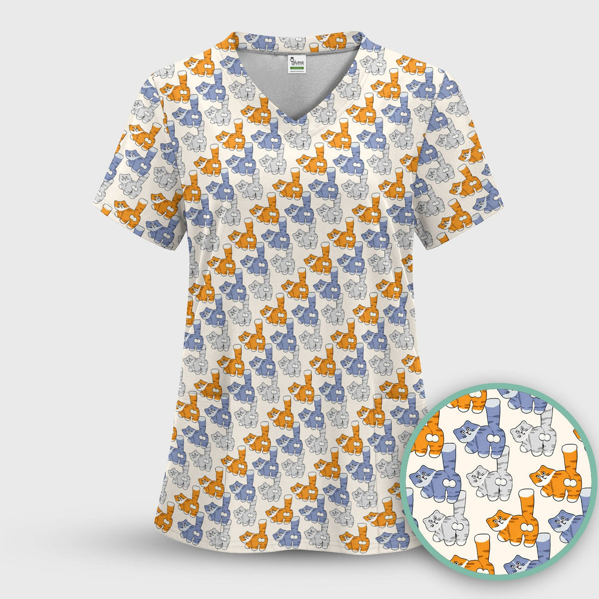 Cartoon Cat Nurse Scrub Top