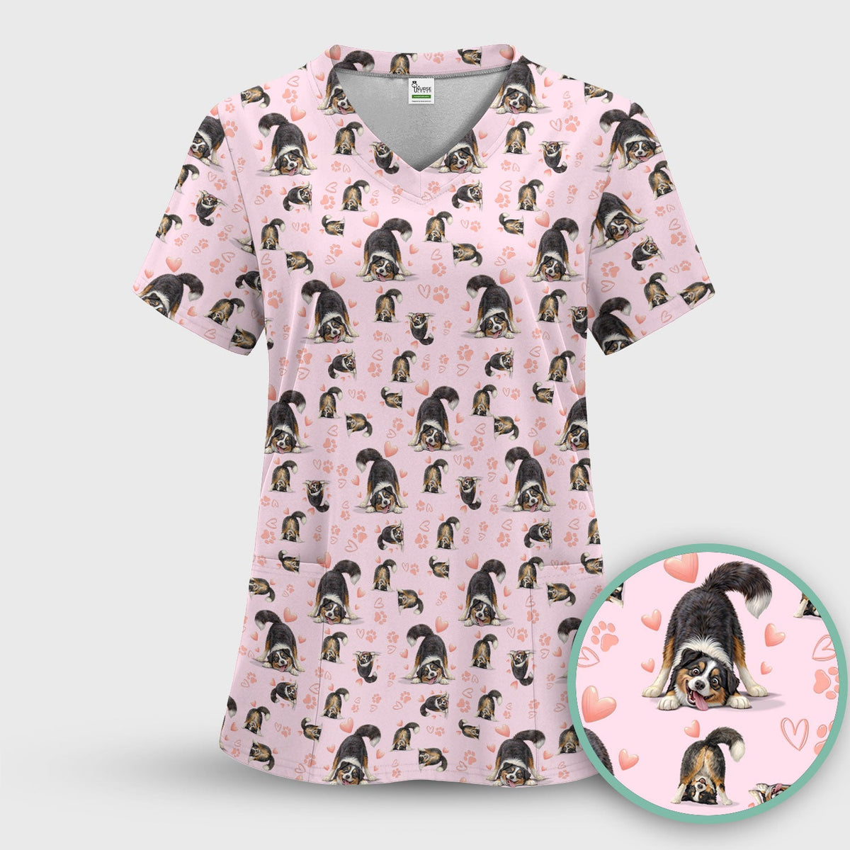 Playful Dog Heart Medical Print Scrub Top, Breathable Fabrics Nursing Uniform