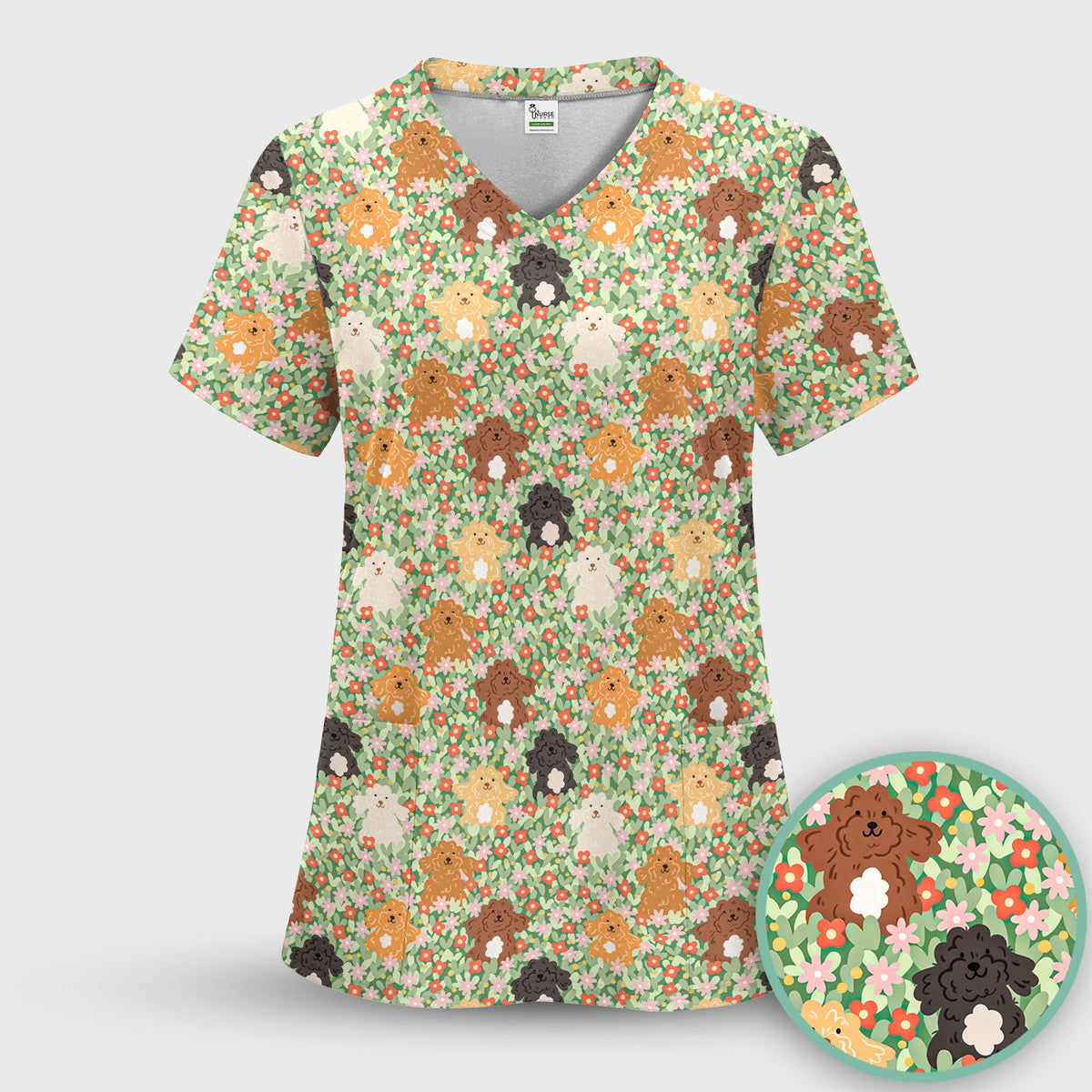 Poodle Dogs Floral Nurse Scrub Top