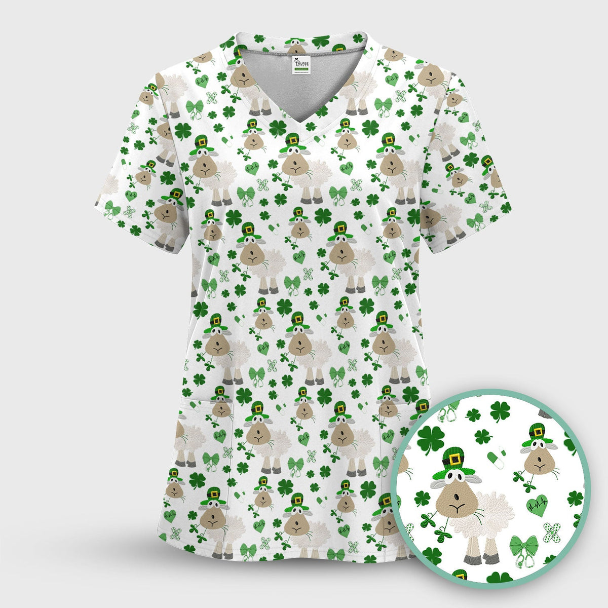 Nurse St. Patrick's Day Scrubs Top, Cute Sheep Shamrock Pattern Nurse Shirt, Breathable Fabrics Nursing Uniform