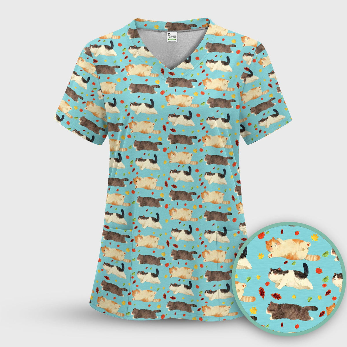 Chubby Cat Autumn Leaves Nurse Scrub Top