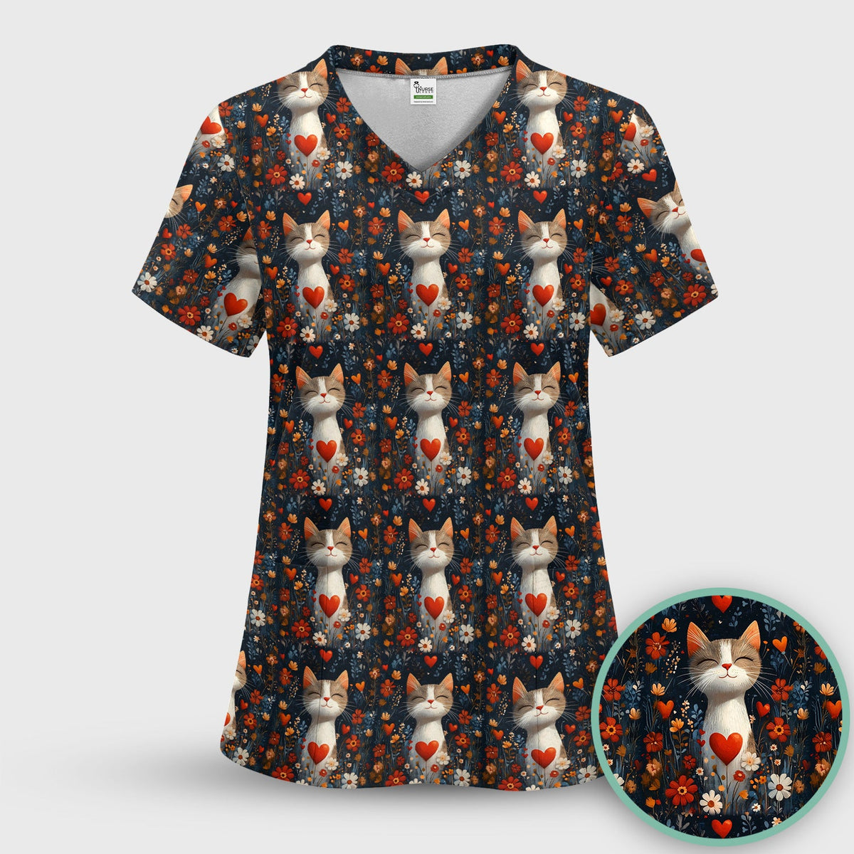 Cat Heart Floral Garden Nurse Scrub Set