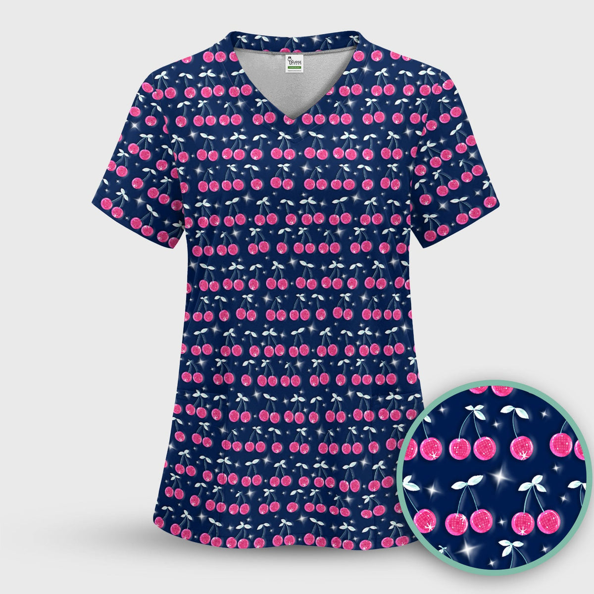 Pink Cherry Sparkle Nurse Scrub Top