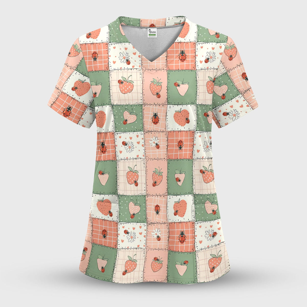 Strawberry Ladybug Patchwork Nurse Scrub Top