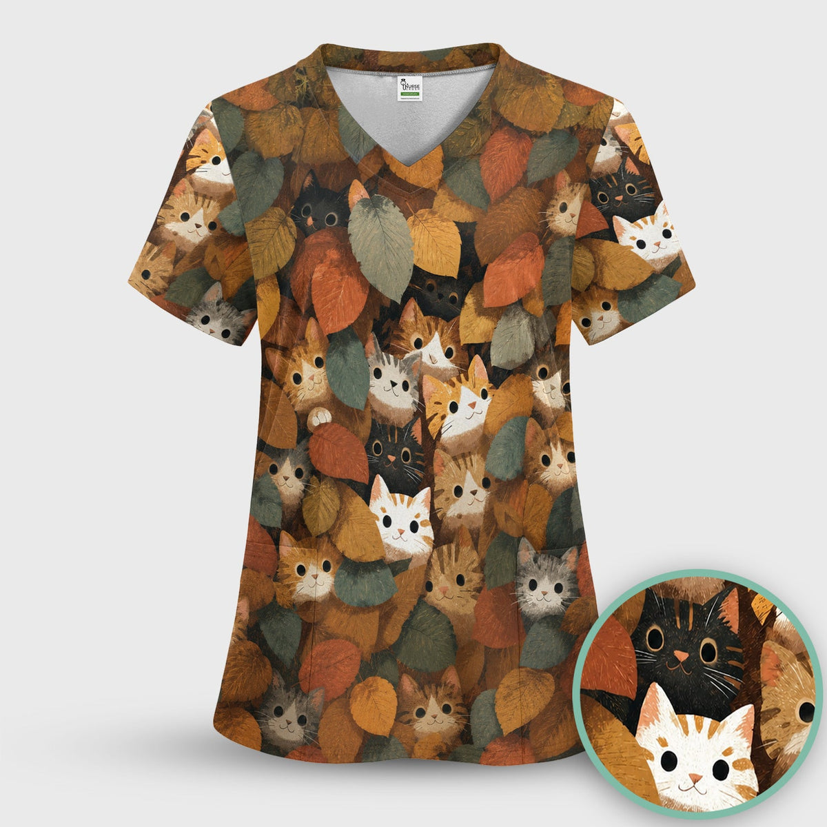 Cute Autumn Cat Leaf Pile Nurse Scrub Set