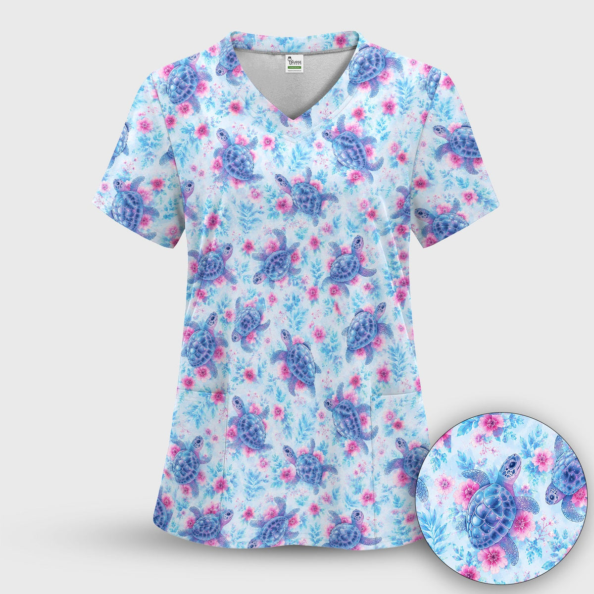 Sea Turtle Floral Nurse Scrub Top