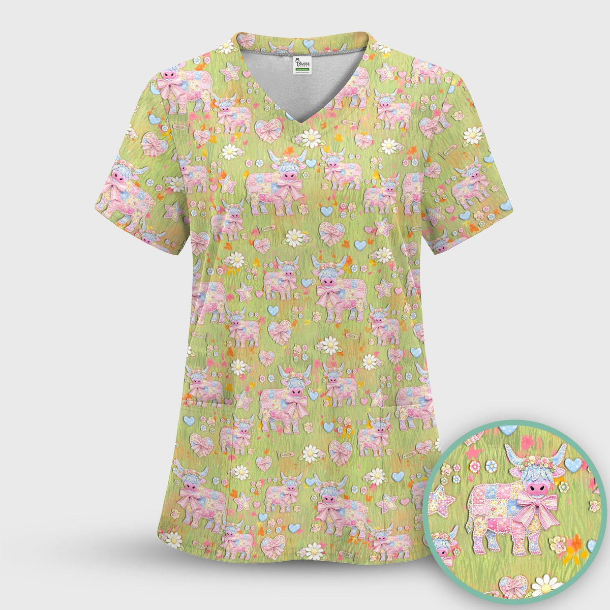 Cute Girly Cow Daisy Pastel Pattern Scrub Top, Comfortable Scrubs for Nurses
