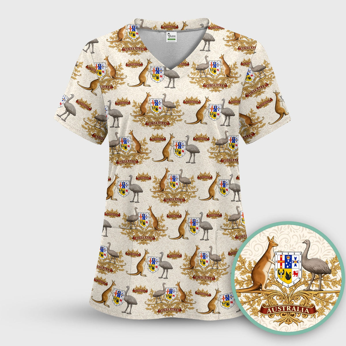 Australian Kangaroo Emu Crest Pattern Scrub Top, Comfortable Scrubs for Nurses