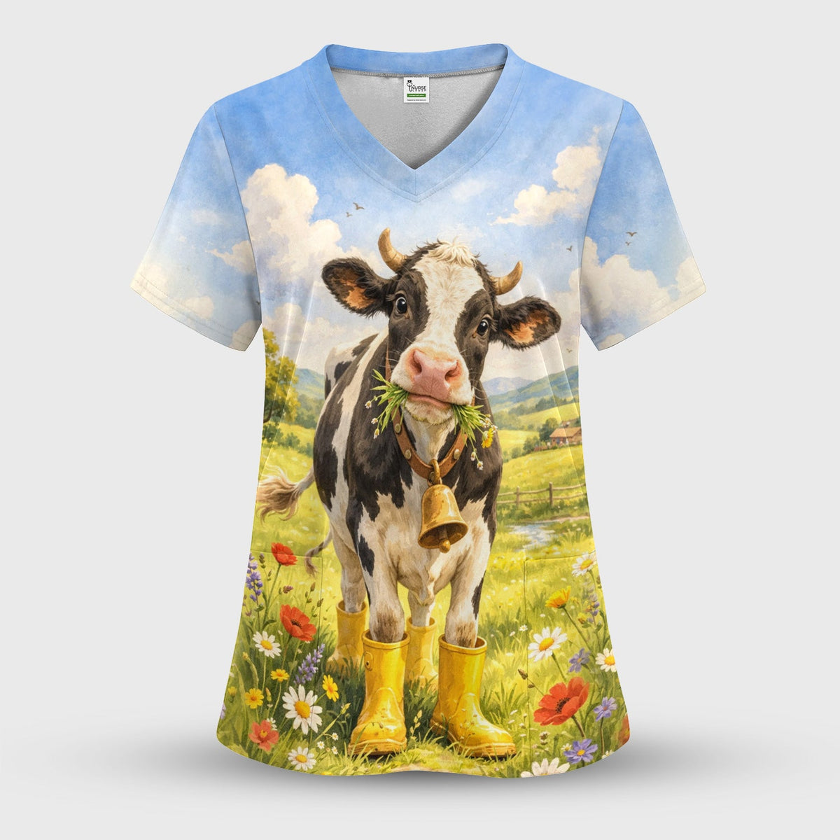 Cow Wearing Boots Nurse Scrub Top