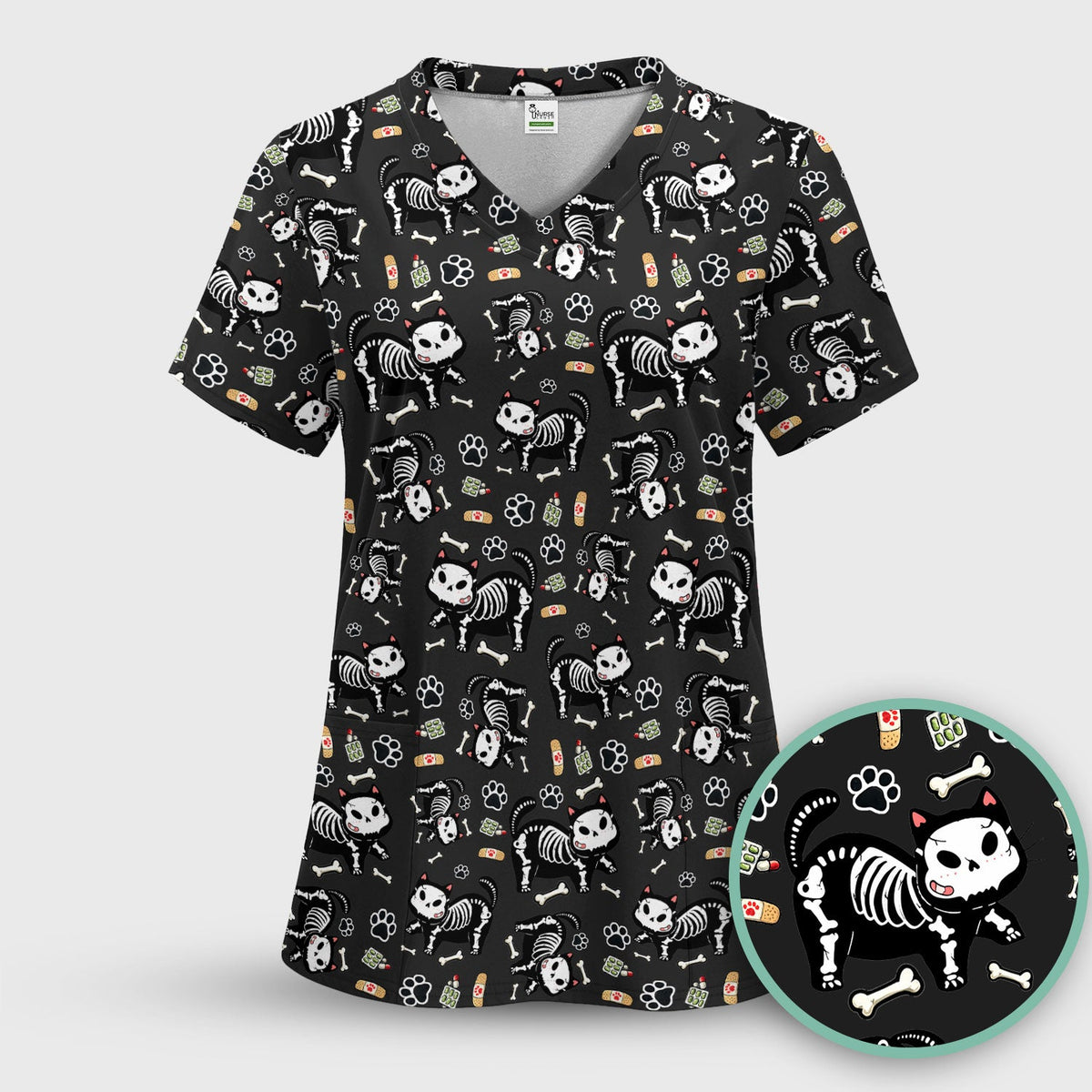 Skeleton Cat Medical Pattern Scrub Set, Scrub Pants and V Neck Top