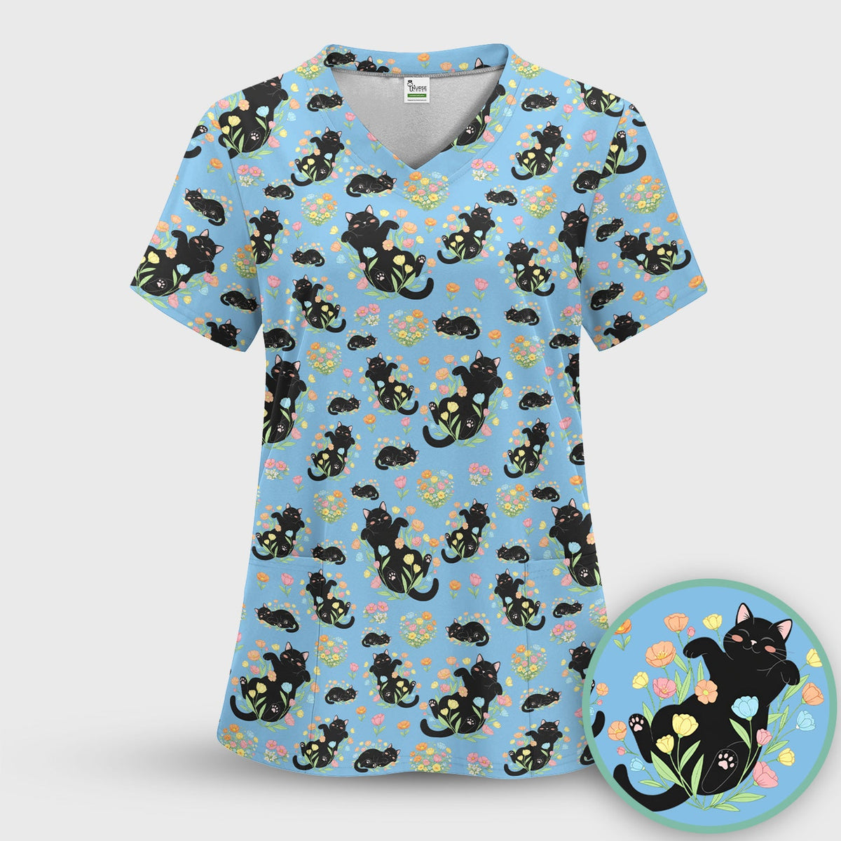 Cats Cute Poses Floral Nurse Scrub Top