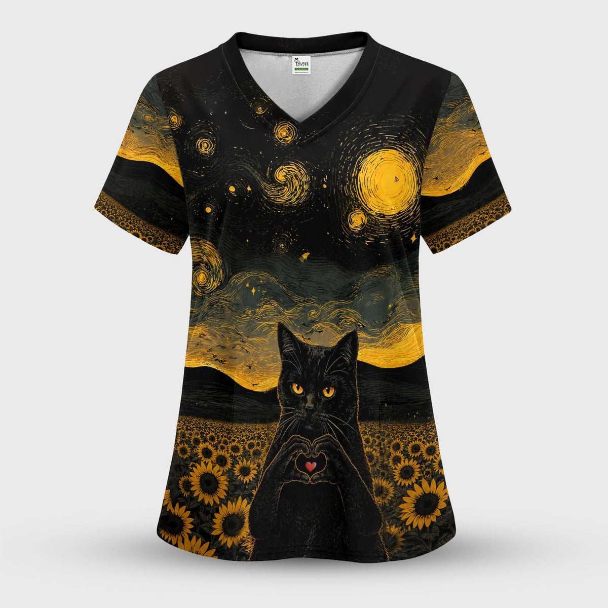 Cute Black Cat Sunflower Night Nurse Scrub Set