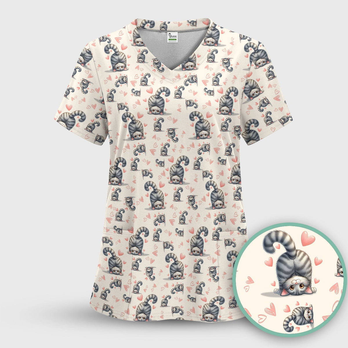 Valentine Cute Cat Scrub Top, Cat Heart Pattern Nurse Uniform, Comfortable Scrubs For Nurses