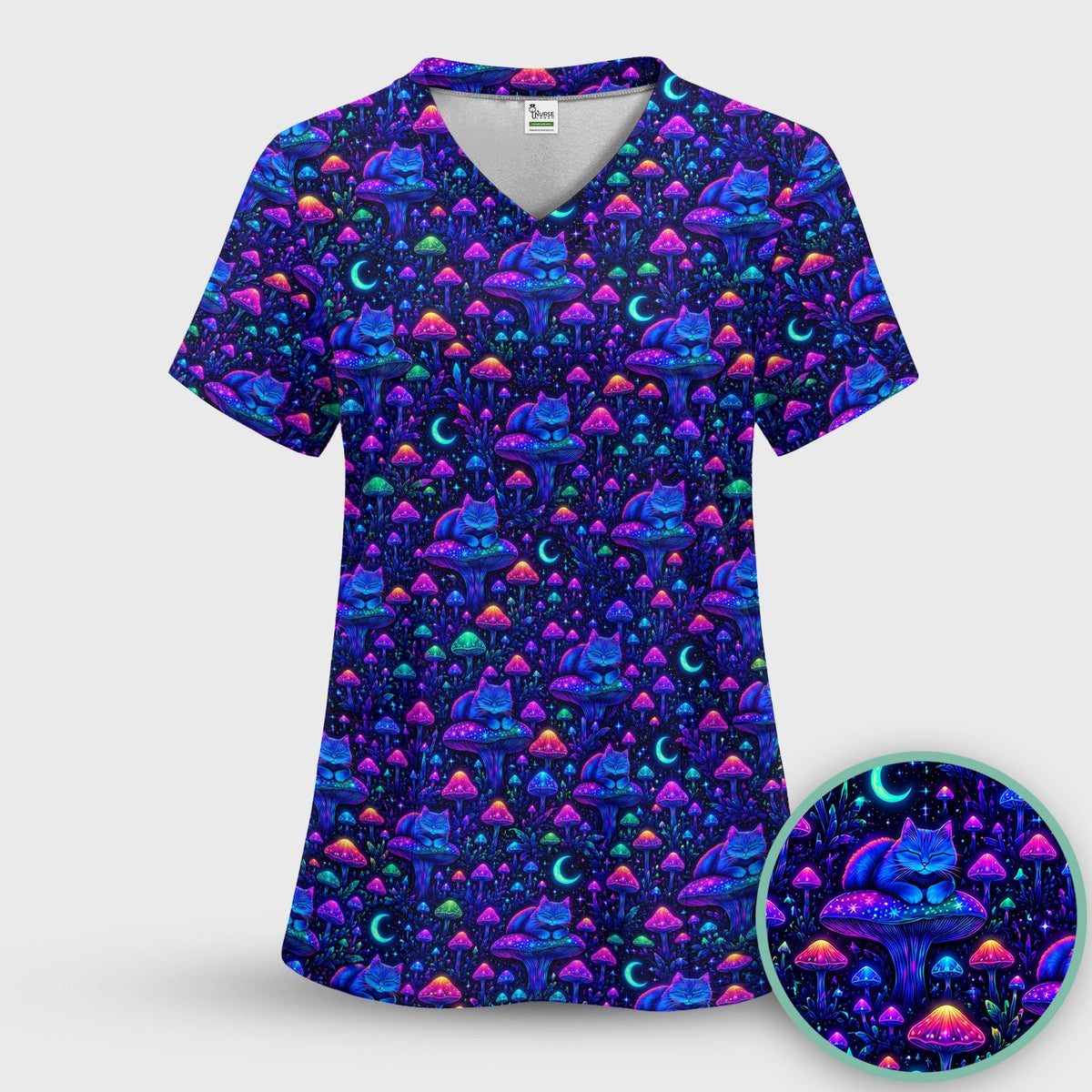 Neon Mushroom Cat Galaxy Nurse Scrub Set