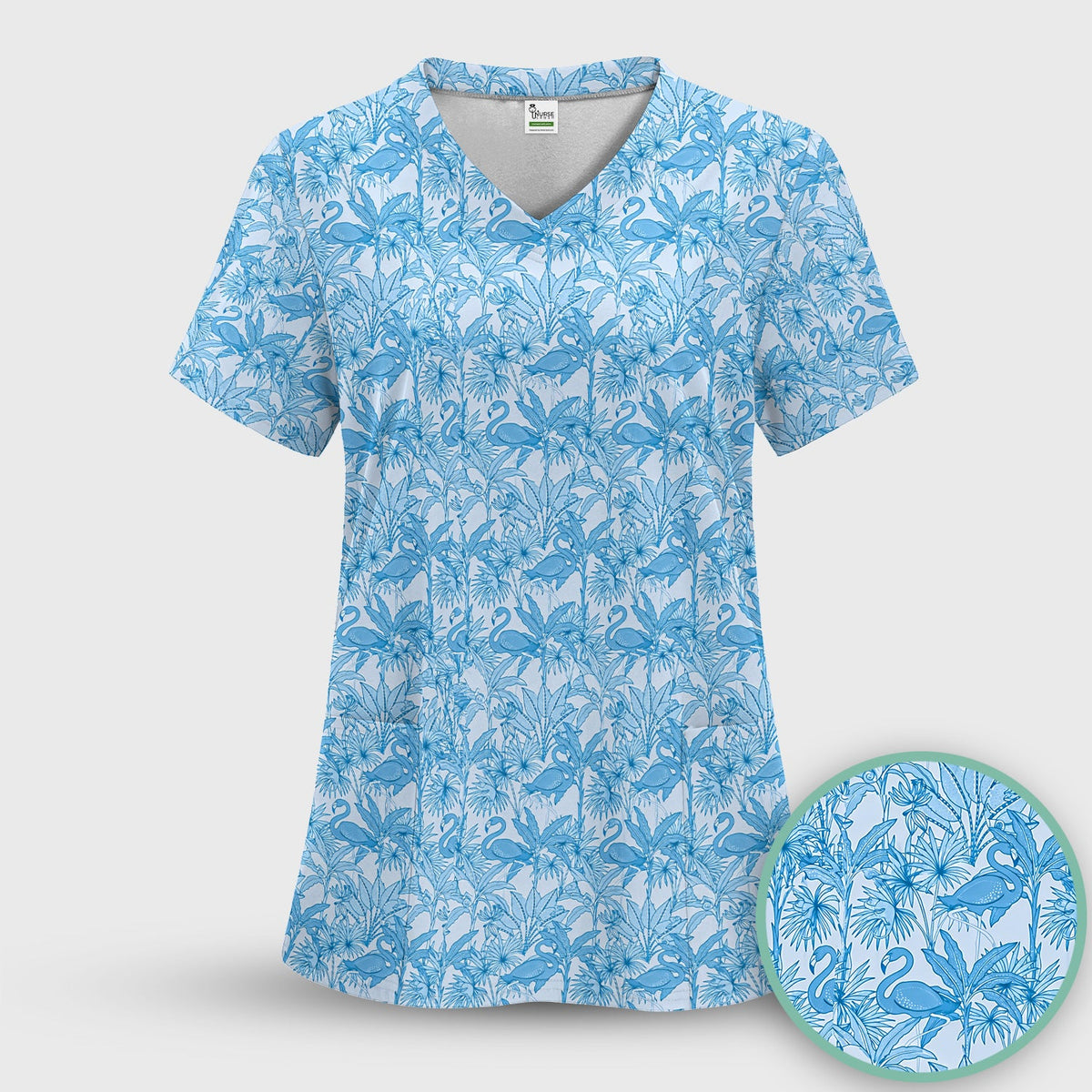 Tropical Flamingo Palm Leaves Nurse Scrub Top