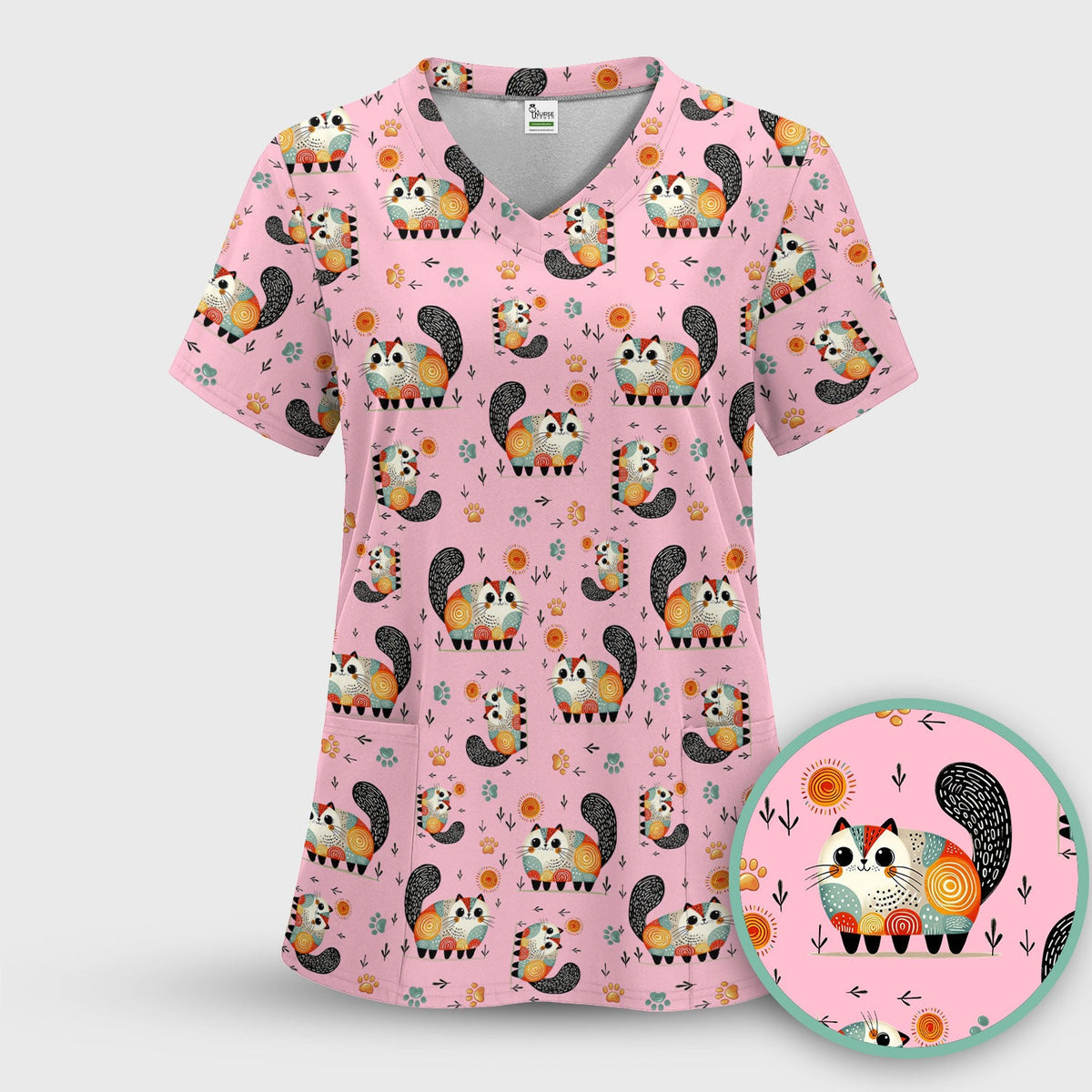 Cat Illustration Nurse Scrub Set