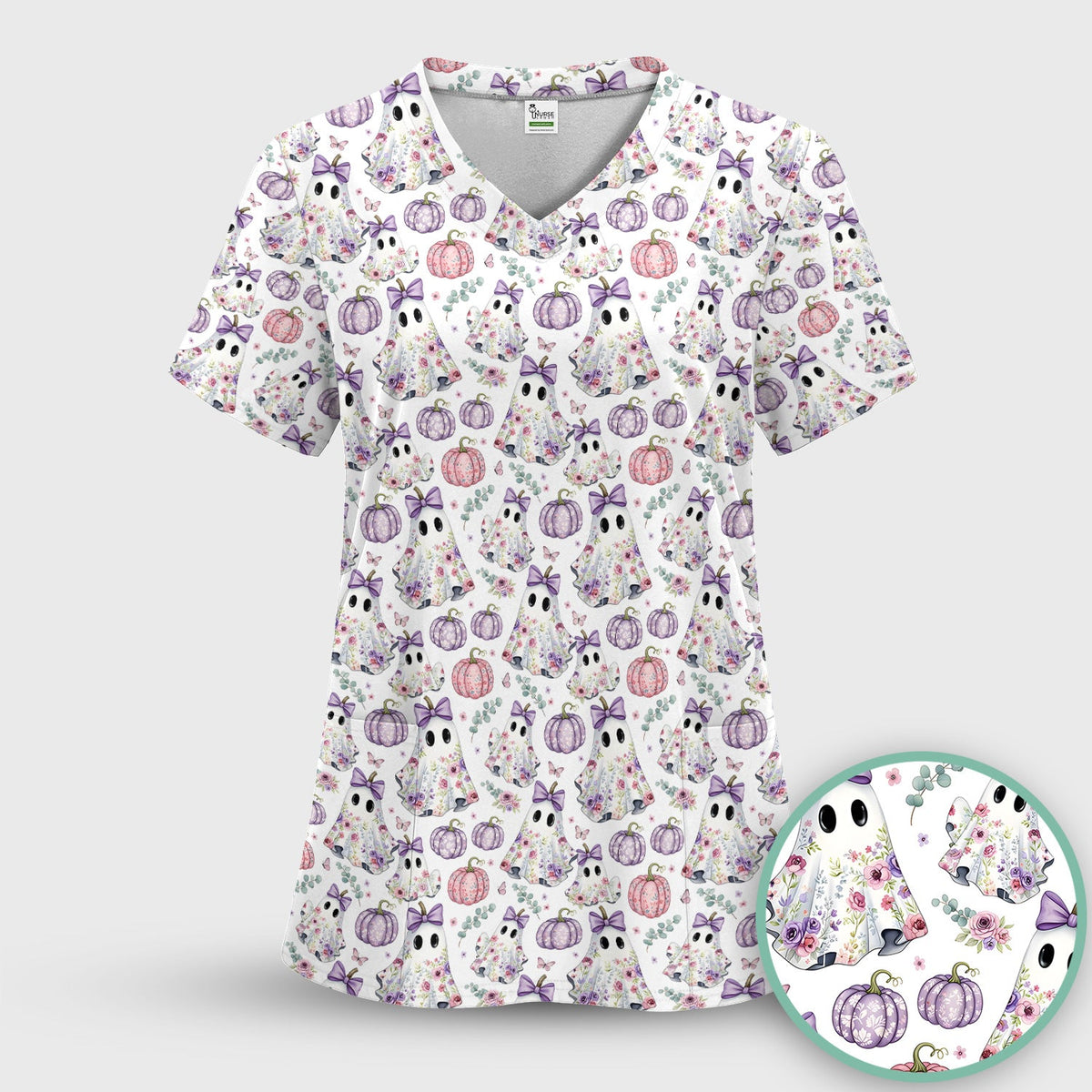 Floral Ghost Pumpkin Nurse Scrub Top