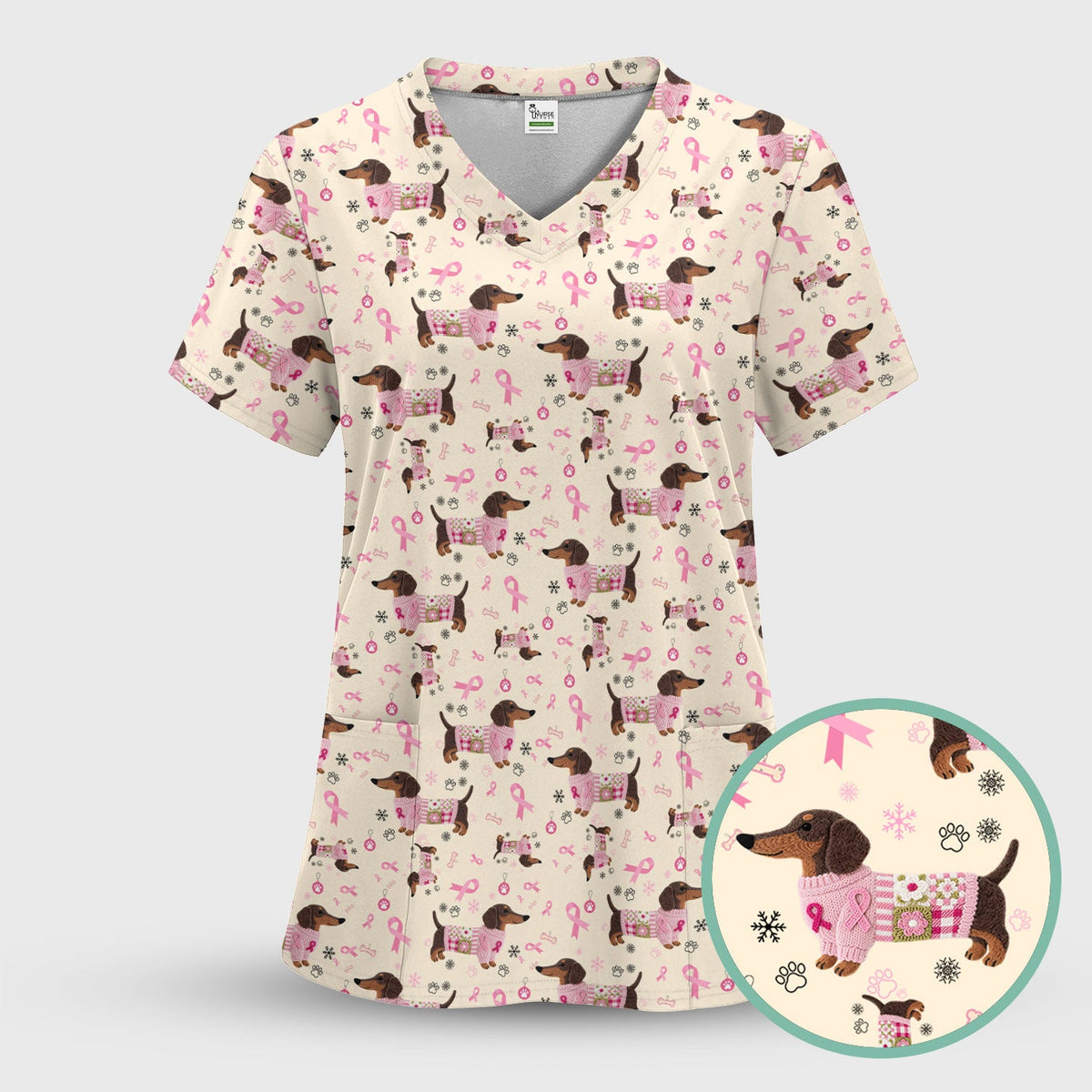 Pink Ribbon Dachshund Nurse Scrub Top