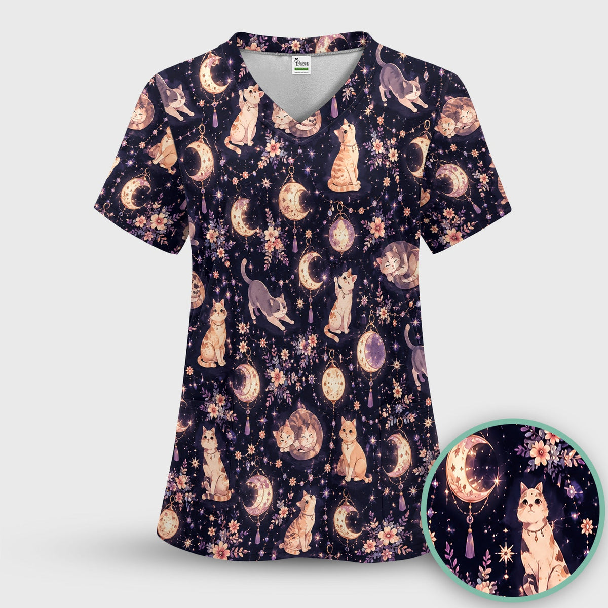 Celestial Cat Pattern Scrub Set, Scrub Pants and V Neck Top