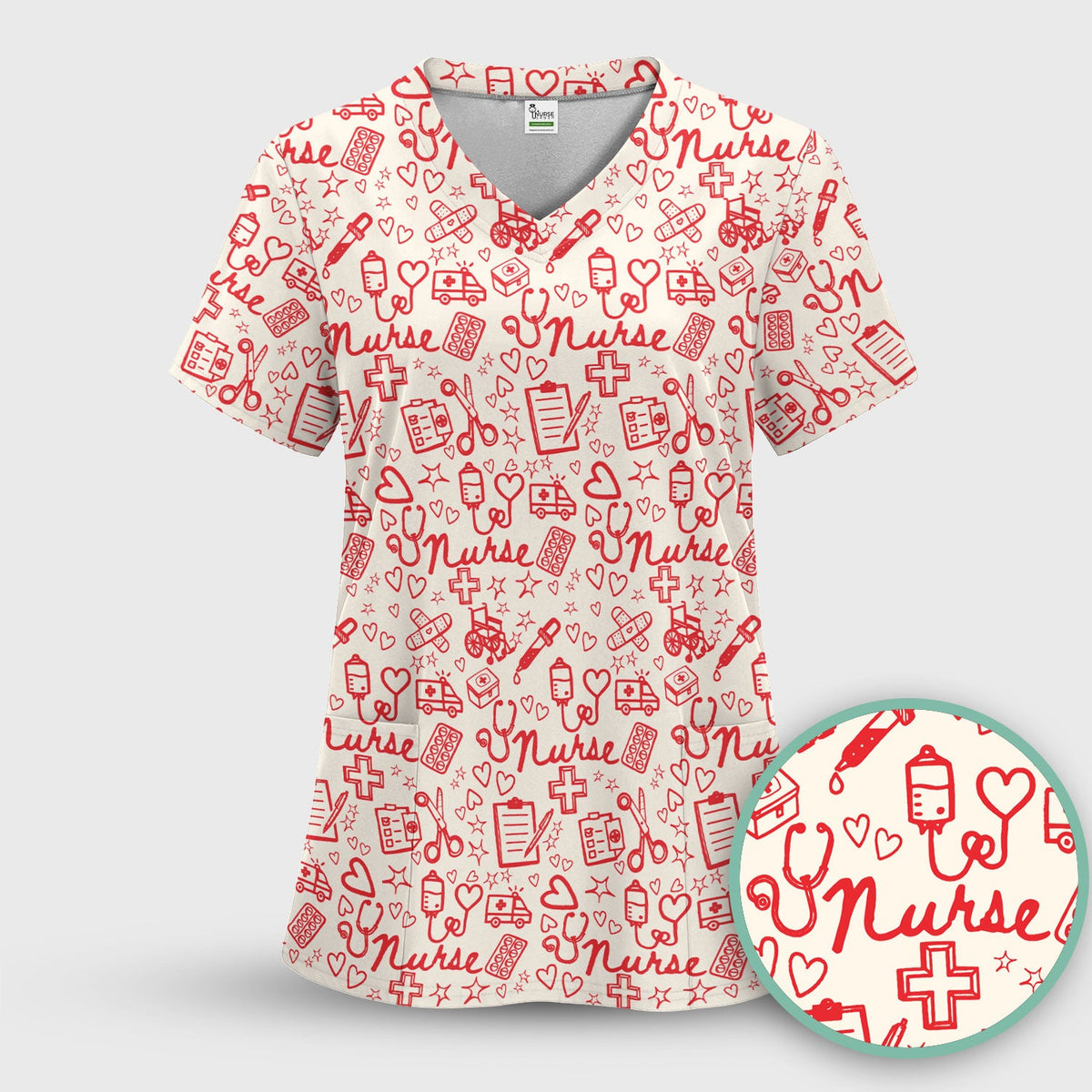 Cute Nurse Heart Medical Pattern Scrub Top, Comfortable Scrubs for Nurses