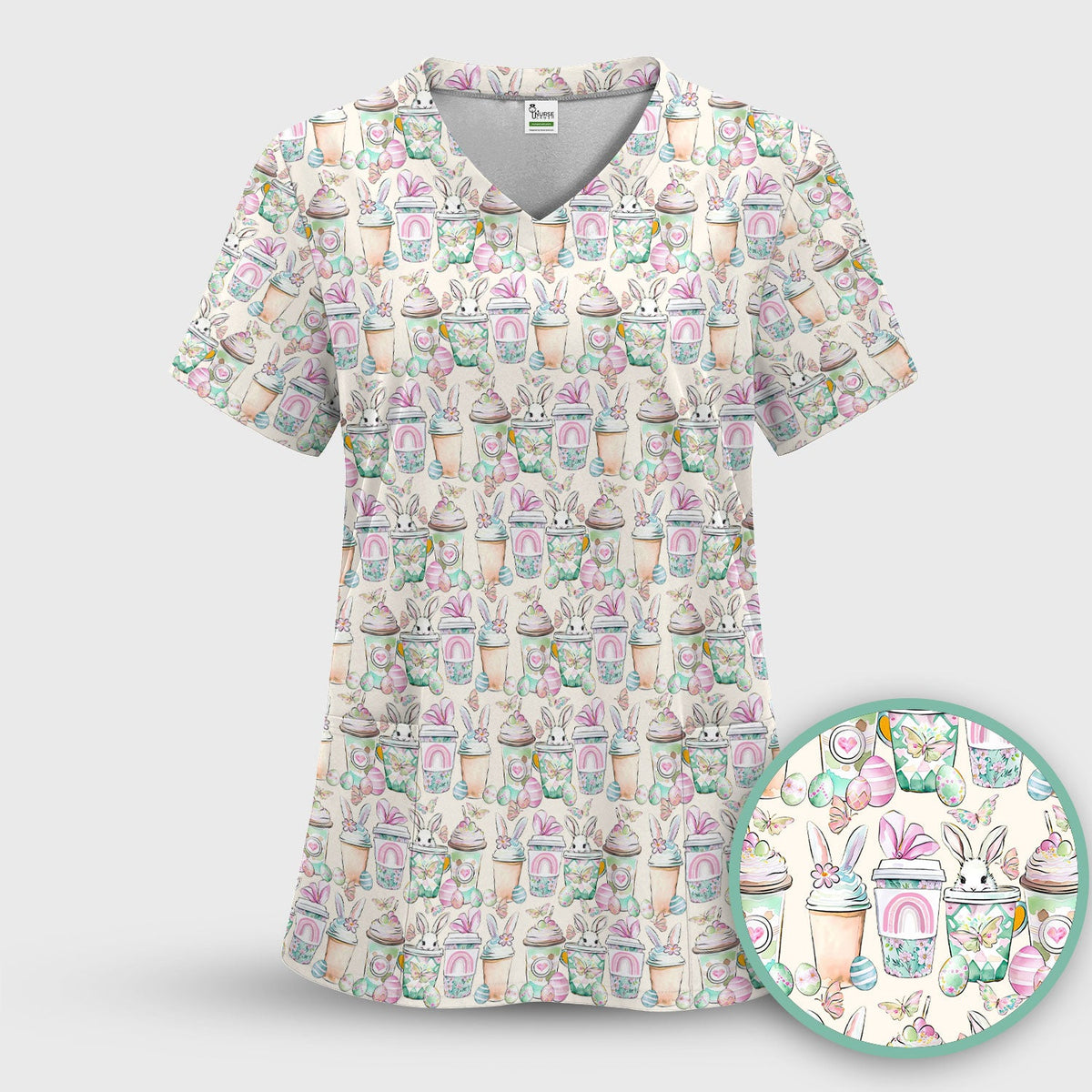 Bunny Coffee Cup Nurse Scrub Set - Easter Gift