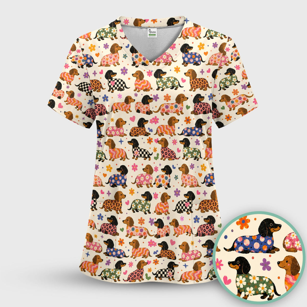 Floral Dachshund Print Nurse Scrub Top